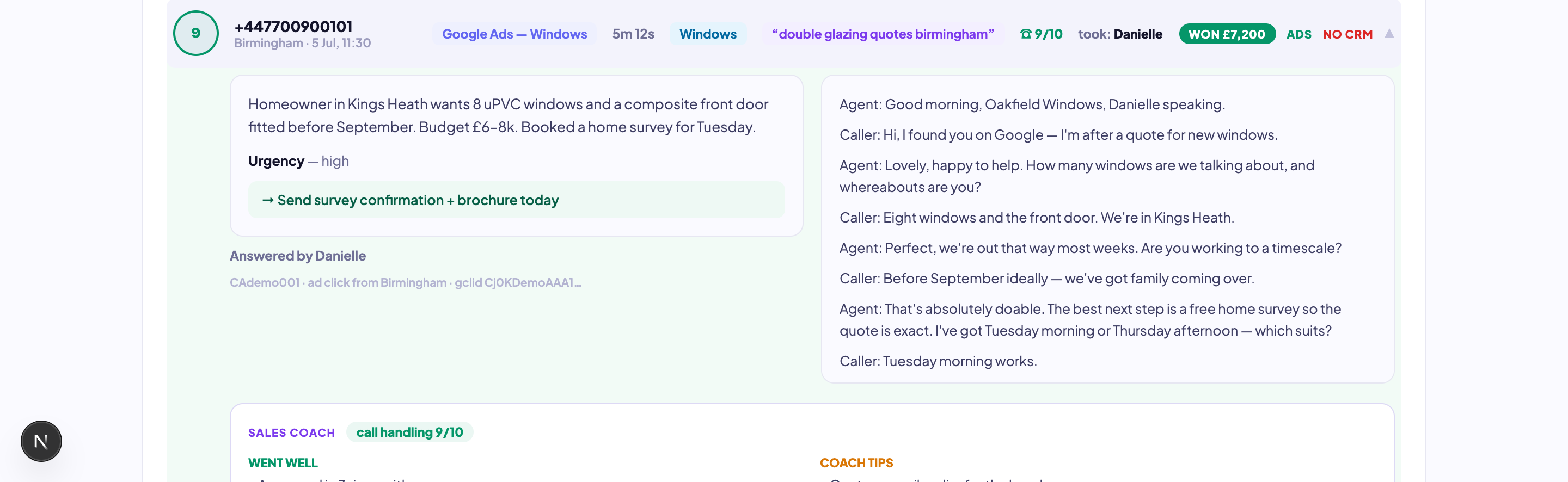 Open any call: AI summary, urgency, full transcript, next action — and a sales-coach review of how it was handled.